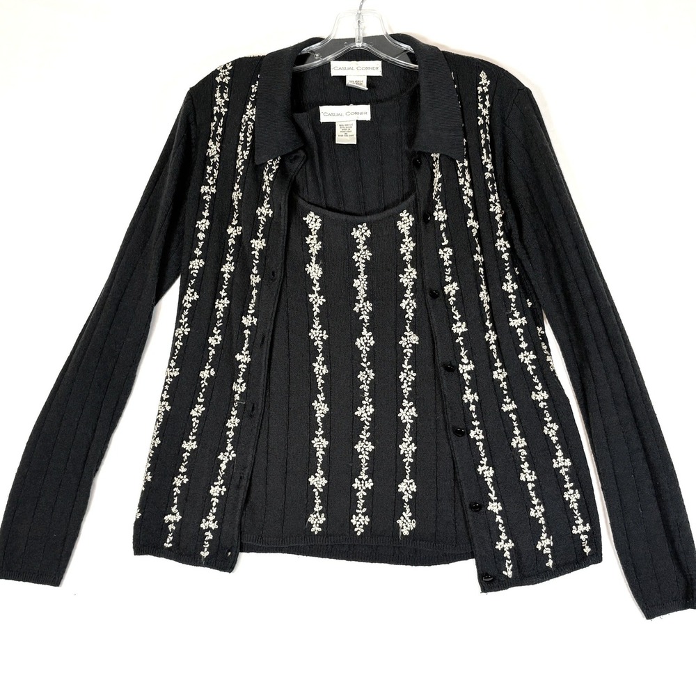 Vintage Casual Corner 2 Pc Sweater Set Black Cream Floral Embroidered Size 8